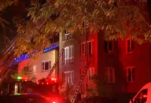Chicago Fire Department trucks responding to the West Ridge apartment fire on Touhy Avenue.
