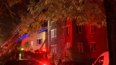 Chicago Fire Department trucks responding to the West Ridge apartment fire on Touhy Avenue.