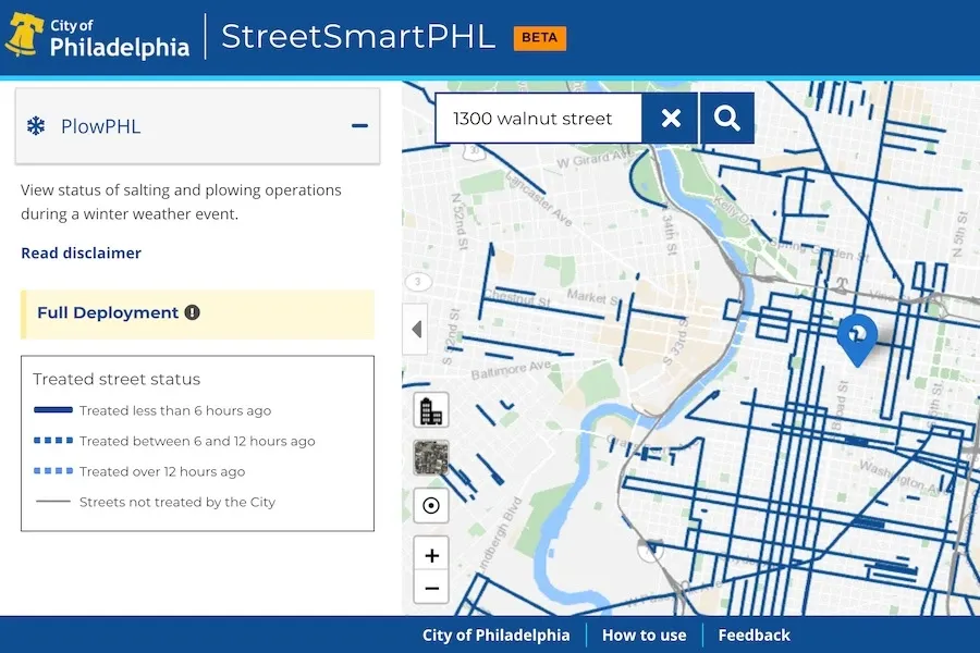 Digital map interface used to check snow plow progress in Philadelphia.