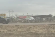 Aerial view of the massive I-25 pileup involving 30 vehicles near Pueblo.