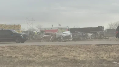 Aerial view of the massive I-25 pileup involving 30 vehicles near Pueblo.