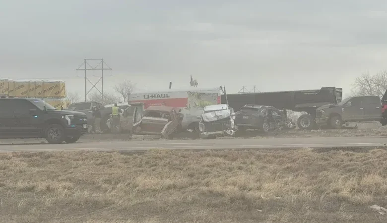 Aerial view of the massive I-25 pileup involving 30 vehicles near Pueblo.