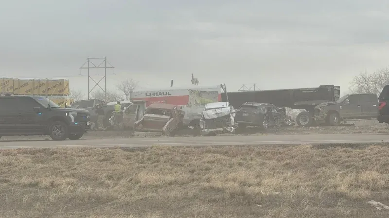 Aerial view of the massive I-25 pileup involving 30 vehicles near Pueblo.
