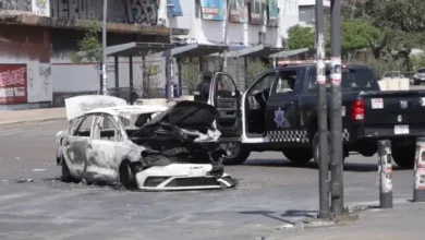 A Mexican military convoy with armored vehicles and armed soldiers parked on a highway with smoke in the distance.