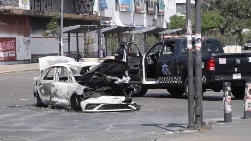 A Mexican military convoy with armored vehicles and armed soldiers parked on a highway with smoke in the distance.