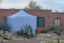A white forensic tent erected at the Nancy Guthrie home during the abduction investigation.