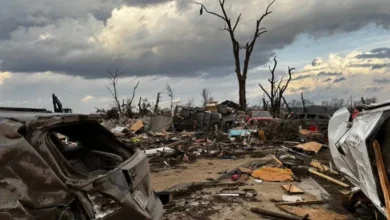 Heavy debris blocks rural roads following the destructive Michigan tornado outbreak.