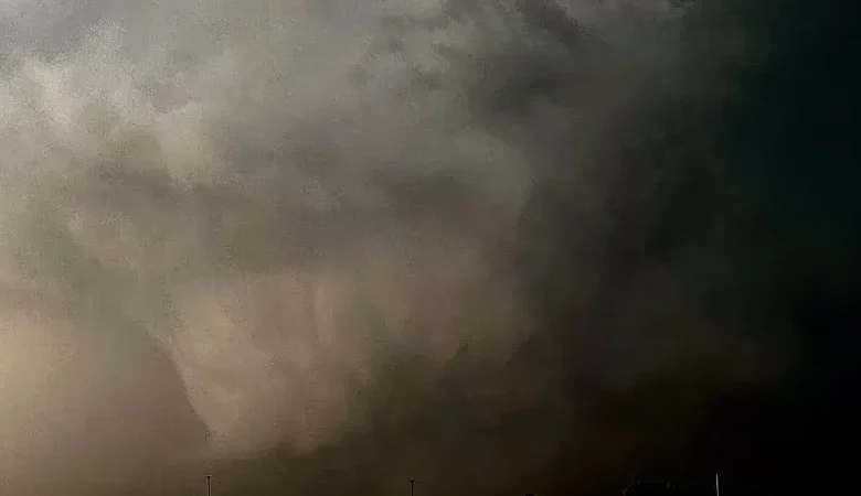 A dangerous Cleo Springs tornado moving through rural Oklahoma on March 6, 2026.