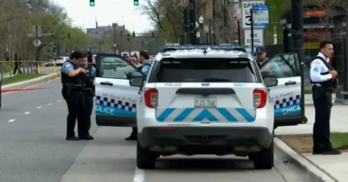 Chicago Police vehicles and crime scene tape near a bus stop on South Stony Island Avenue.